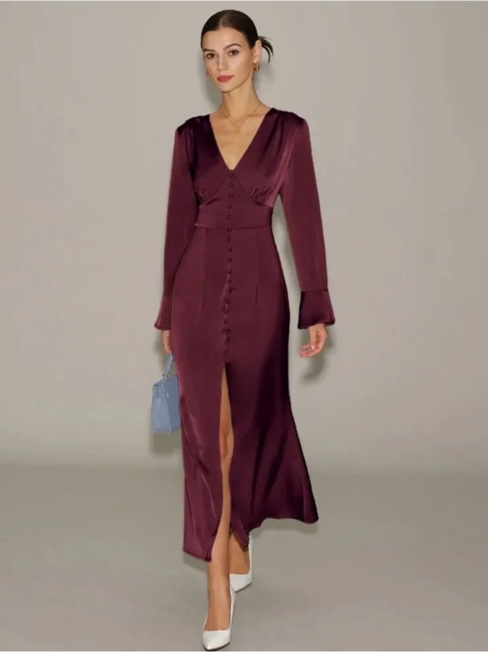 Rihoas Burgundy Long Sleeve Satin Midi Dress